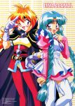  90s araizumi_rui braid canal_volphied canal_vorfeed cape character_name crossover dress finger_to_mouth garter_straps gloves green_hair hand_on_hip hayashibara_megumi highres lina_inverse lost_universe multiple_girls official_art open_mouth orange_hair purple_eyes red_eyes salute seiyuu_connection slayers thighhighs twin_braids white_legwear wink 