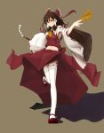  absurdres armpits bad_anatomy bare_shoulders bow brown_hair detached_sleeves gohei hair_bow hakurei_reimu highres japanese_clothes long_hair looking_at_viewer mary_janes midriff miko navel ofuda red_eyes shadow shoes simple_background skirt solo source_request standing standing_on_one_leg thigh-highs thighhighs touhou white_legwear wide_sleeves yammy_(artist) yammy_(cellblo) 