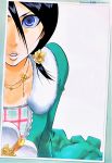  1girl black_hair bleach blue_eyes female hair_between_eyes jewelry kuchiki_rukia necklace official_art parted_lips solo tite_kubo 