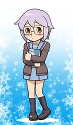  brown_eyes doraemon fujiko_f_fujio_(style) glasses lavender_hair nagato_yuki nagato_yuki_(shoushitsu) parody purple_hair school_uniform short_hair style_parody suzumiya_haruhi_no_shoushitsu suzumiya_haruhi_no_yuuutsu ueyama_michirou 