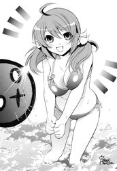  ball beachball bikini breasts hano_(artist) hano_(keepon_haruka) highres long_hair monochrome original solo splash submerged swimsuit twintails volleyball 