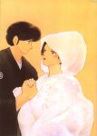 1980s_(style) 1boy 1girl black_hair black_kimono bride brown_eyes colored_background couple eyebrows eyelashes female godai_yuusaku groom hand_holding japanese_bridal_wear japanese_bride japanese_clothes kimono lipstick looking_at_each_other maison_ikkoku makeup male montsuki otonashi_kyouko shiromuku short_hair tagme wedding wedding_dress white_dress woman