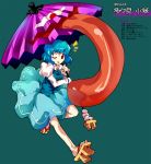 alphes_(style) blue_hair character_name geta highres karakasa karakasa_obake parody pfalz red_eyes short_hair skirt smile solo style_parody tatara_kogasa tongue touhou translation_request umbrella wink