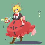  blonde_hair blue_eyes boots bow bubble_skirt dress drop flower g-goro gloves green_background hair_bow lily_of_the_valley medicine_melancholy ribbon short_hair simple_background su-san touhou walking 