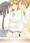  black_hair brown_eyes brown_hair girl_sandwich highres hirasawa_ui hirasawa_yui incipient_kiss k-on! long_hair multiple_girls nakano_azusa ponytail sakura_rei school_uniform short_hair yuri 