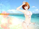 beach bikini brown_eyes brown_hair flower hibiscus kazuki_(kaduki0128) meiko short_hair solo swimsuit vocaloid 