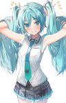  1girl aqua_eyes aqua_hair aqua_nails aqua_necktie armpits bare_arms bare_shoulders black_skirt bunching_hair cowboy_shot daidou_(demitasse) grin hatsune_miku hatsune_miku_(vocaloid4) highres long_hair looking_at_viewer miniskirt nail_polish necktie no_hair_ornament pleated_skirt shirt simple_background skirt sleeveless sleeveless_shirt smile solo standing tie_clip twintails v4x very_long_hair vocaloid white_background white_shirt 