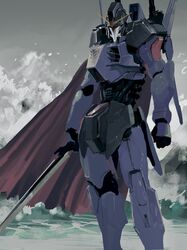  assault_visor cape clenched_hand gundam gundam_mk_iii gundam_msv highres holding holding_sword holding_weapon mecha mobile_suit red_cape redesign rintaro_komori robot science solo sword v-fin water waves weapon 