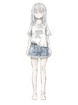  1girl absurdres albino barefoot dolphilia grey_hair highres messy_hair off_shoulder original shirt shorts simple_background standing white_eyes 