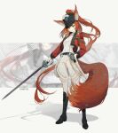  1girl absurdly_long_hair absurdres alternate_costume animal_ears arknights black_footwear black_headwear boots brown_eyes character_name ears_through_headwear flametail_(arknights) full_body hat highres holding holding_sword holding_weapon jacket long_hair long_sleeves pants ponytail red_jacket redhead roogi_(lanmeil) shirt simple_background solo squirrel_ears squirrel_girl squirrel_tail sword tail very_long_hair weapon white_background white_pants white_shirt 