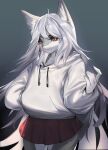  1girl absurdres animal_ear_fluff animal_ears body_fur brown_eyes commission drawstring english_commentary furry furry_female grey_background grey_fur grey_hair grey_hoodie hand_in_pocket highres hood hoodie long_hair looking_to_the_side open_hand original red_skirt skirt snout solo very_long_hair wolf_ears woobin94 