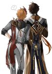  2boys ahoge black_gloves black_pants brown_hair brown_jacket cape coattails collared_shirt earrings facing_away feet_out_of_frame gem genshin_impact gloves gradient_hair grey_jacket grey_pants hair_ornament hand_on_hip highres jacket jewelry jjangmin15 long_hair low_ponytail male_focus mask mask_on_head multicolored_hair multiple_boys orange_hair pants ponytail red_cape red_mask red_shirt shirt short_hair single_earring sleeves_rolled_up speech_bubble spoken_expression standing tartaglia_(genshin_impact) tassel tassel_earrings very_long_hair vision_(genshin_impact) white_background zhongli_(genshin_impact) 