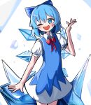  1girl :d absurdres bangs blue_bow blue_dress blue_eyes blue_hair blush bow bowtie cirno collared_shirt commentary cowboy_shot dress flat_chest hair_between_eyes hair_bow highres ice ice_wings looking_at_viewer open_mouth pinafore_dress puffy_short_sleeves puffy_sleeves red_bow red_bowtie round_teeth shirt short_hair short_sleeves smile solo spam_(spamham4506) teeth touhou white_shirt wings 