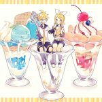  1boy 1girl arm_warmers bangs bare_shoulders black_sailor_collar black_shorts blonde_hair blue_eyes blueberry bow cherry chocolate_mint commentary cream food fruit full_body hair_bow hair_ornament hairclip hand_on_another&#039;s_face headphones holding holding_food holding_fruit ice_cream kagamine_len kagamine_rin leg_warmers letterboxed miniboy minigirl mint neckerchief necktie parfait sailor_collar school_uniform shirt short_hair short_ponytail short_shorts short_sleeves shorts sleeveless sleeveless_shirt spiky_hair spoon suzumi_(fallxalice) swept_bangs vocaloid wafer white_background white_bow white_shirt wide_shot yellow_neckerchief yellow_necktie 