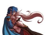  blue_cape blue_hair cape clenched_teeth comforting crying fire_emblem fire_emblem:_genealogy_of_the_holy_war gloves headband highres hug ishtar_(fire_emblem) ponytail purple_hair seliph_(fire_emblem) signature simple_background teeth white_gloves zefirart 