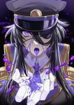  1girl absurdres bangs black_hair eyebrows_hidden_by_hair eyepatch gloves hair_between_eyes hat highres long_hair looking_at_viewer military military_hat military_uniform open_mouth original reaching_out saliva saliva_trail solo tatsuma_daisuke tongue tongue_out uniform violet_eyes white_gloves 