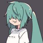  1girl alternate_hairstyle aqua_hair hair_over_eyes hatsune_miku highres icon_315 long_hair portrait simple_background smile solo twintails vocaloid 