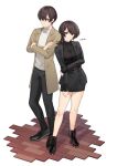  1boy 1girl absurdres bangs bare_legs belt black_hair coat crossed_arms eyebrows_hidden_by_hair hair_between_eyes highres looking_at_viewer original pants red_eyes ribbed_sweater short_hair skirt smile standing sweater tatsuma_daisuke 