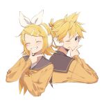  1boy 1girl back-to-back bangs black_sailor_collar blonde_hair blue_eyes bow cardigan closed_eyes commentary cropped_torso facing_viewer grin hair_bow hair_ornament hairclip hand_on_own_chin headphones highres kagamine_len kagamine_rin light_frown looking_back m0ti neckerchief one_eye_closed orange_cardigan sailor_collar short_hair smile swept_bangs twitter_username upper_body vocaloid white_background white_bow yellow_nails 
