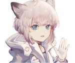  1girl ahoge animal_ears arknights auhnas black_choker blue_eyes blue_shirt choker fox_ears fox_girl gloves hands_up highres jacket looking_at_viewer open_mouth portrait shirt short_hair simple_background solo sussurro_(arknights) white_background white_gloves white_jacket 