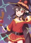  1girl absurdres bare_shoulders belt black_cape blush breasts brown_hair cape choker cloak dress eyepatch fingerless_gloves gloves hat highres holding holding_staff kono_subarashii_sekai_ni_shukufuku_wo! long_hair looking_at_viewer megumin open_mouth red_dress red_eyes sidelocks skirt small_breasts staff witch_hat 