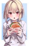  1girl :o absurdres arcueid_brunestud bangs blonde_hair blush border burger buttons commentary_request eyebrows eyebrows_visible_through_hair eyelashes eyelashes_visible_through_hair fingernails food hair_between_eyes highres holding holding_food jacket kashuu_(pixiv_66328082) long_sleeves looking_at_viewer official_alternate_costume open_eyes open_mouth outside_border red_eyes short_hair simple_background single_hair_intake solo tsukihime tsukihime_(remake) type-moon upper_body white_border white_jacket 