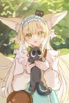  1girl :d absurdres animal animal_ear_fluff animal_ears arknights bag bangs black_cat blonde_hair blue_hairband blue_skirt blurry blurry_background cat commentary_request crossover depth_of_field flower fox_ears fox_girl fox_tail frilled_hairband frills green_eyes hairband hands_up heixiu highres holding holding_animal jacket lily_of_the_valley long_hair long_sleeves looking_at_viewer luoxiaohei on_head puffy_long_sleeves puffy_sleeves shoulder_bag skirt sleeves_past_wrists smile suzuran_(arknights) suzuran_(spring_praise)_(arknights) tail the_legend_of_luo_xiaohei very_long_hair white_jacket xiaolinqingmei526 