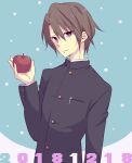  1boy 2018 apple bangs black_jacket brown_eyes brown_hair closed_mouth cocchi commentary_request food fruit gakuran holding holding_food holding_fruit jacket koizumi_itsuki kouyouen_academy_school_uniform long_sleeves looking_at_viewer male_focus official_alternate_costume pen_in_pocket pocket school_uniform short_hair smile solo suzumiya_haruhi_no_shoushitsu suzumiya_haruhi_no_yuuutsu upper_body 