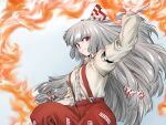  1girl arm_strap arm_up bow closed_mouth collared_shirt commentary_request feet_out_of_frame fire fujiwara_no_mokou grey_hair grey_shirt hair_between_eyes hair_bow highres long_hair long_sleeves ofuda ofuda_on_clothes pants red_bow red_eyes red_pants shirt shirt_tucked_in solo split_mouth suspenders terumaeromae touhou two-tone_bow white_bow wing_collar 