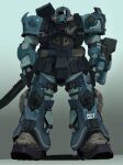  arm_cannon gouf gradient gradient_background gun gundam highres holding holding_gun holding_weapon looking_at_viewer mecha mobile_suit mobile_suit_gundam no_humans redesign rintaro_komori robot shoulder_spikes solo spikes standing straight-on weapon 
