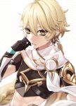  1boy aether_(genshin_impact) bangs black_gloves blonde_hair braid braided_ponytail earrings eyebrows_hidden_by_hair genshin_impact gloves hair_between_eyes highres jewelry long_hair looking_at_viewer ponytail ribbon solo stomach tatsuma_daisuke upper_body yellow_eyes 