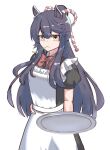  1girl alternate_costume animal_ears apron bandaid bandaid_on_face bandaid_on_nose black_hair bow closed_mouth ear_ornament enmaided hair_between_eyes highres holding holding_tray horse_ears horse_girl long_hair looking_at_viewer maid maid_apron mouth_hold narita_brian_(umamusume) red_bow simple_background solo stalk_in_mouth tray umamusume user_fdtz5442 very_long_hair white_background yellow_eyes 