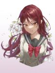  1girl commentary cropped_torso flower gradient hair_ornament hairclip highres long_hair looking_at_viewer love_live! love_live!_sunshine!! parted_lips red_ribbon redhead ribbon sakurauchi_riko school_uniform senguyen1011 serafuku smile solo uranohoshi_school_uniform white_flower white_serafuku yellow_eyes 