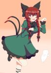  1girl ;d absurdres animal_ears bow braid cat cat_ears cat_tail dress gradient gradient_background highres kaenbyou_rin light_blush multiple_tails nekomata one_eye_closed paw_pose red_eyes redhead seo_haruto smile standing standing_on_one_leg tail touhou twin_braids two_tails 