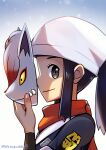  1girl absurdres akari_(pokemon) black_undershirt character_mask commentary_request galaxy_expedition_team_survey_corps_uniform gradient gradient_background grey_eyes grey_jacket hand_up head_scarf highres hisuian_zoroark holding holding_mask jacket long_hair long_sleeves looking_at_viewer looking_to_the_side mask pokemon pokemon_(game) pokemon_legends:_arceus ponytail profile purple_hair red_scarf scarf signature simple_background snowing solo twitter_username undershirt upper_body watagashikn white_background white_headwear 