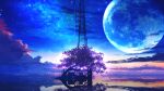  blue_sky cable clouds cloudy_sky fantasy glowing highres landscape light_particles moon no_humans ocean original reflection reflective_water scenery shadow sky smile_(qd4nsvik) star_(sky) starry_sky sunrise tower tree 