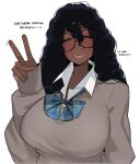  1girl black_hair blush broccoli_(ohasi) cardigan dark-skinned_female dark_skin english_text glasses long_hair looking_at_viewer nose_piercing ohasi original piercing school_uniform shirt smile solo v very_dark_skin very_long_hair 