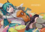  1girl absurdres aqua_eyes aqua_hair arms_up artist_logo black_skirt bodysuit commentary gloves grey_bodysuit grey_thighhighs hair_ornament hatsune_miku highres long_hair looking_at_viewer lying megaphone mikuni144 miniskirt multicolored_bodysuit multicolored_clothes odds_&amp;_ends_(vocaloid) on_back orange_background orange_bodysuit parted_lips pleated_skirt skirt solo song_name tears thigh-highs twintails very_long_hair vocaloid zettai_ryouiki 