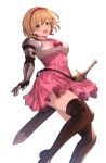  1girl :d annno_ans blonde_hair boots brown_eyes brown_footwear djeeta_(granblue_fantasy) dress granblue_fantasy hairband high_heel_boots high_heels highres looking_at_viewer metal_gloves open_mouth pink_dress pink_hairband red_hairband short_hair simple_background smile solo sword thigh_boots weapon white_background 
