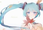  1girl autumn_leaves blue_eyes blue_hair blush commentary ea08zheci falling_leaves hair_tie hatsune_miku holding holding_leaf leaf long_hair long_sleeves parted_lips simple_background solo sweater symbol-only_commentary twintails upper_body very_long_hair vocaloid white_background yellow_sweater 