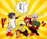  4boys amajiki_tamaki arms_up black_hair black_mask blonde_hair blush boku_no_hero_academia boots cape child clenched_hand closed_eyes closed_mouth commentary_request dragon_ball dragon_ball_z dress eri_(boku_no_hero_academia) eye_mask fat_gum_(boku_no_hero_academia) female_child full_body ginyu_force_pose gloves green_pants grey_hair grin hair_between_eyes highres hood hood_down hooded_jacket jacket kirishima_eijirou knee_pads long_hair long_sleeves looking_at_viewer monu multiple_boys one_knee open_mouth orange_footwear pants parody pose red_dress red_eyes red_gloves redhead short_hair smile spiky_hair standing sunburst sunburst_background tetsutetsu_tetsutetsu topless_male translation_request white_cape yellow_background yellow_jacket 