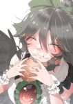  1girl :t absurdres bangs bird_wings black_hair black_wings blush bow breasts closed_eyes closed_mouth collared_shirt commentary_request eating food food_on_face frilled_shirt_collar frills green_bow hair_bow highres holding holding_food large_breasts long_hair ninniku_(mfu7324) reiuji_utsuho shirt simple_background smile solo third_eye touhou upper_body white_background white_shirt wings wrist_cuffs 