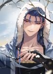  1boy armor blue_hair blue_hood capelet cu_chulainn_(caster)_(fate) cu_chulainn_(fate) earrings fate/grand_order fate_(series) fur-trimmed_hood fur_trim gloves highres hood hood_up hooded_capelet jewelry long_hair looking_at_viewer male_focus red_eyes smile snow solo spiky_hair upper_body vambraces yway1101 