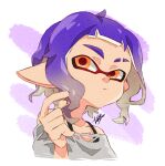  1girl closed_mouth eyebrow_cut frown hand_up inkling inkling_girl isamu-ki_(yuuki) looking_to_the_side orange_eyes pointy_ears purple_hair short_hair solo splatoon_(series) splatoon_3 tentacle_hair torn_clothes upper_body white_background 