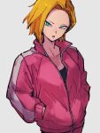  1girl android_18 blonde_hair blue_eyes commentary_request dragon_ball dragon_ball_super forehead grey_background hands_in_pockets jacket kemachiku long_sleeves looking_at_viewer pink_jacket pocket short_hair simple_background solo track_jacket 