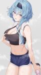 1girl eula_(genshin_impact) messy_hair navel open_mouth short_hair short_shorts side_ponytail simple_background solo sports_bra steam stomach sweat towel towel_around_neck water_bottle white_background