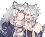  2girls ^_^ ahoge animal_ear_fluff animal_ears arknights armband bare_shoulders black_bandeau black_cape breasts cape cheek-to-cheek cliffheart_(arknights) closed_eyes collarbone fang grey_hair hair_between_eyes heads_together highres jewelry kjerag_logo kyouna leopard_ears leopard_girl leopard_tail long_hair multiple_girls necklace open_mouth pramanix_(arknights) short_hair siblings simple_background sisters small_breasts smile sweater tail tiara turtleneck turtleneck_sweater upper_body white_background white_sweater 