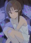  1girl artist_name asymmetrical_hair bangs bare_shoulders between_legs brown_eyes brown_hair expressionless feet_out_of_frame from_side glitch hair_ornament halftone halftone_background hand_between_legs highres hologram iwakura_lain knees_up looking_at_viewer milka_(milk4ppl) parted_bangs serial_experiments_lain shirt short_hair signature sleeveless sleeveless_shirt solo spaghetti_strap squatting white_shirt x_hair_ornament zoom_layer 