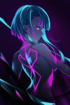  1girl absurdres blue_eyes bodysuit breasts cyberpunk cyberpunk_(series) cyberpunk_2077 cyberpunk_edgerunners cyborg gun highres lucy_(elfen_lied) lucy_(ninjala) lucy_malebolge mechanical_arms medium_breasts science_fiction solo weapon white_hair yondomizu 