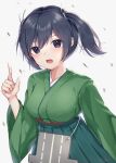  1girl blue_eyes blue_hair blush green_hakama green_kimono hair_between_eyes hakama highres ice_cream_(aisu_aisu_9898) index_finger_raised japanese_clothes kantai_collection kimono long_sleeves open_mouth short_hair simple_background solo souryuu_(kancolle) twintails white_background wide_sleeves 